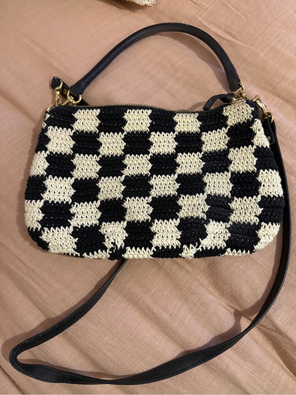 Clare V. black-and-cream crocheted/checkered